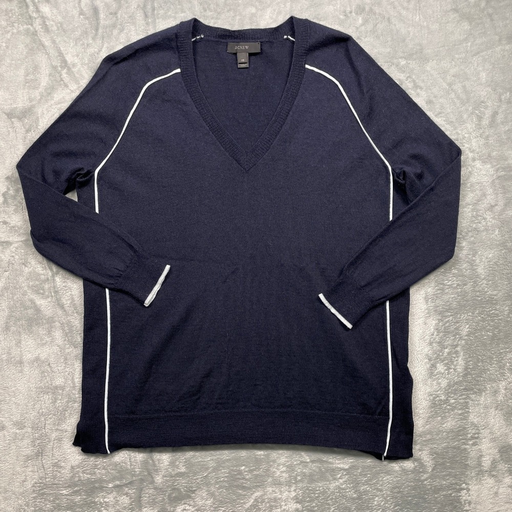 J. Crew Womens Navy Merino Wool‎ V Neck Sweater White Tipped Side Panel XS